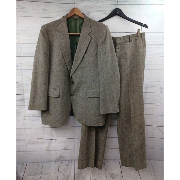Vtg B Bonds Leisure Mens Suit Set Blazer Sz 46 Pants 34x28 Tweed Windowpane Gray
